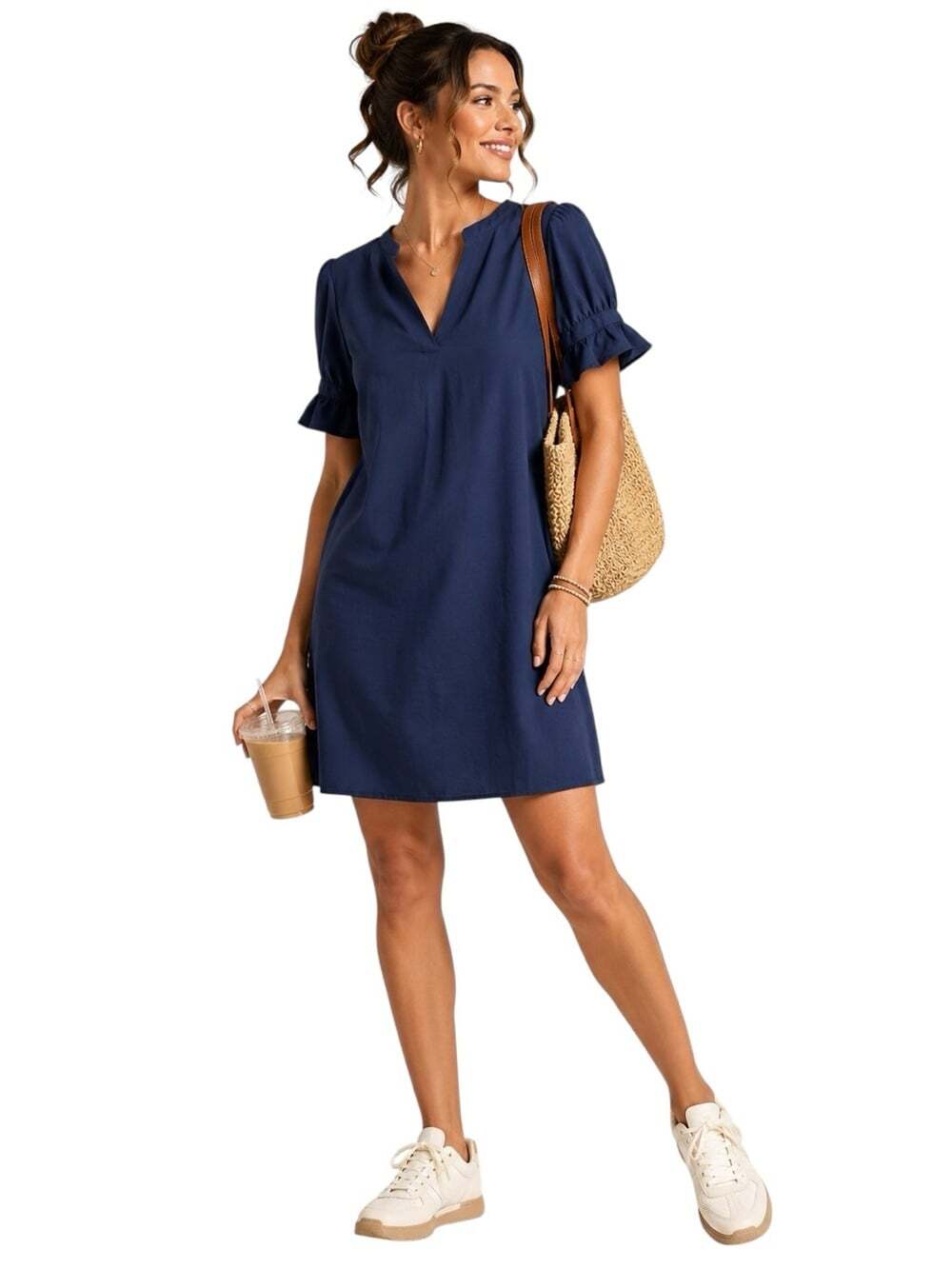 SHEIN Navy Ruffle Sleeve Shift Dress V Neck Romantic Feminine Casual Large